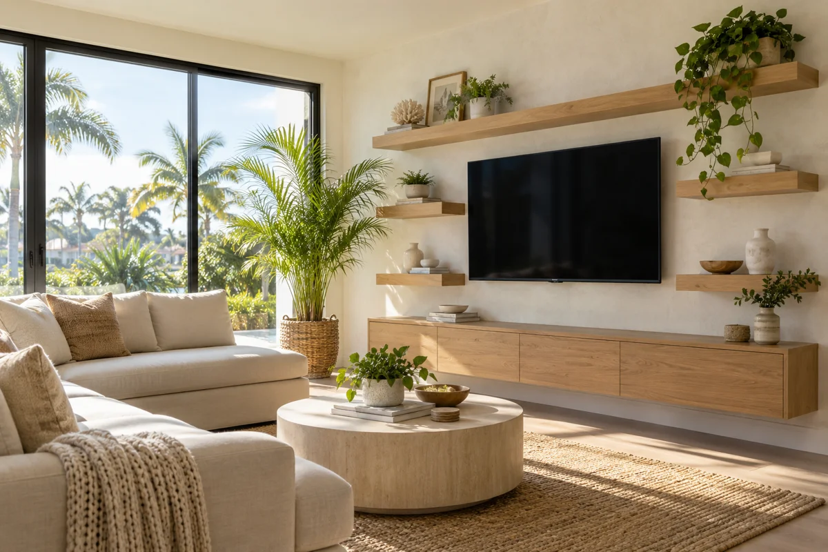 Bright living room with oak floating shelves, a wall-mounted television, and palms outside